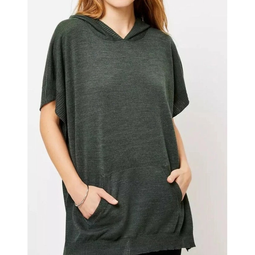 Loft Knit Poncho w/ Hood Womens‎ M/L Green Short Sleeve Oversize Boho Luxe